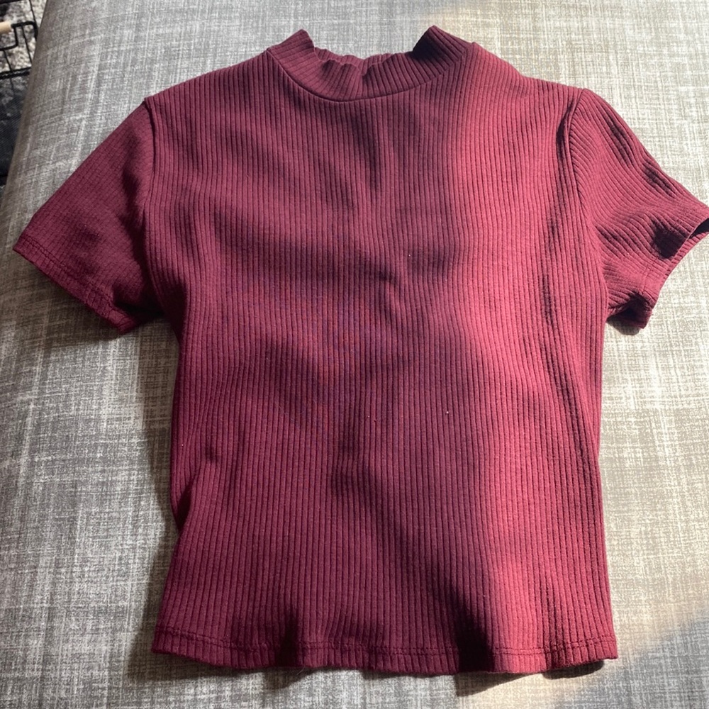 Burgundy turtle neck crop top shirt with string ties in back